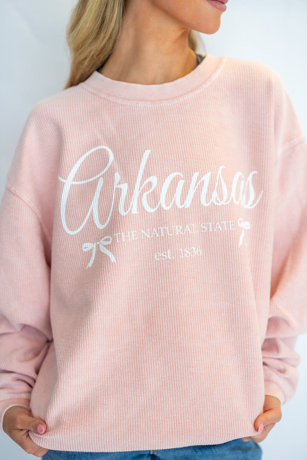 AR EST. BOWS CORDED SWEATSHIRT