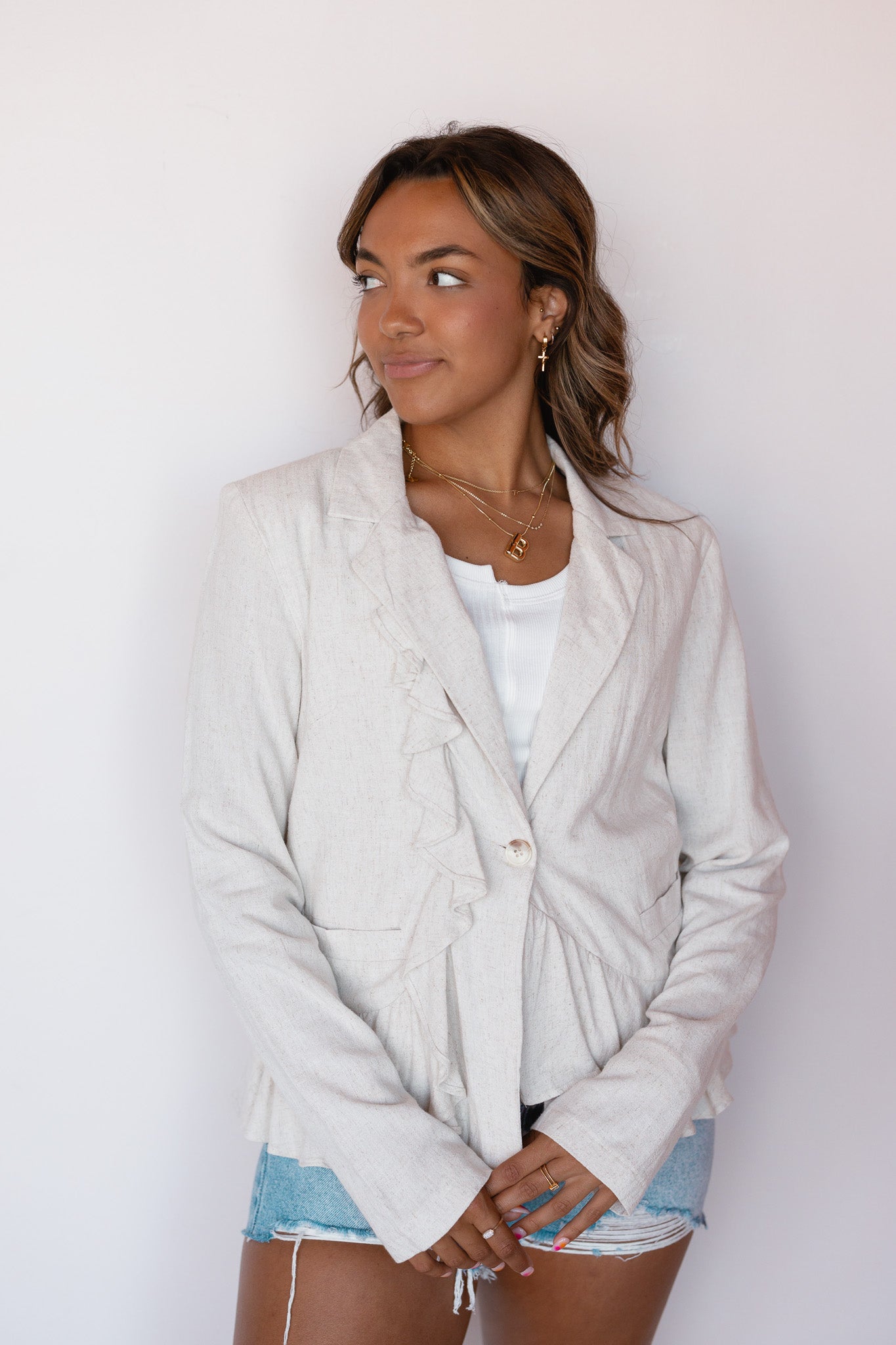 FRONT RUFFLE LINEN BLAZER